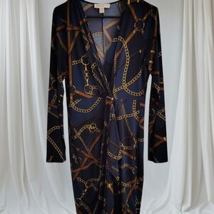 Michael Kors Black and Gold Chain Print Midi Dress